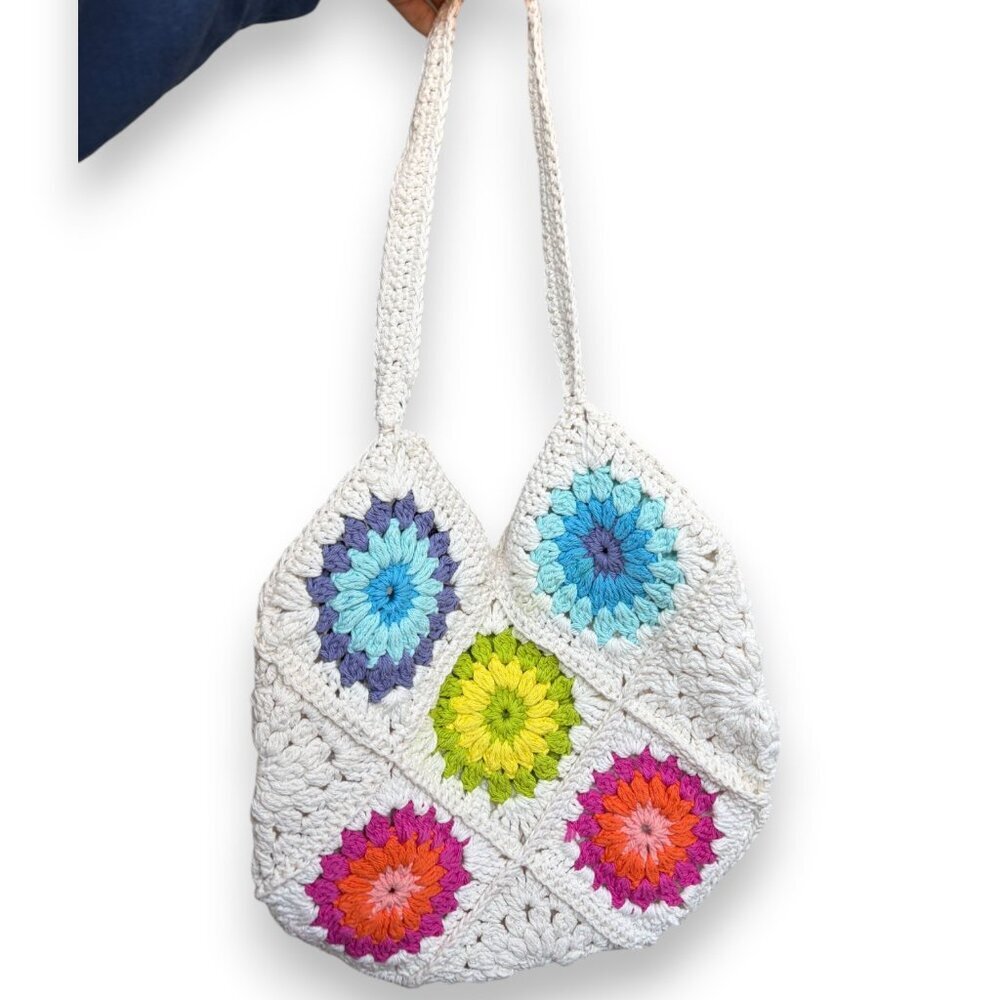 Handmade Granny Square Hobo Shoulder Tote Bag White with Colorful Floral Patten